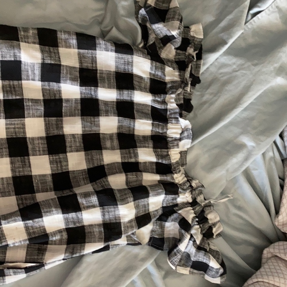 Anthro gingham off the should dress.